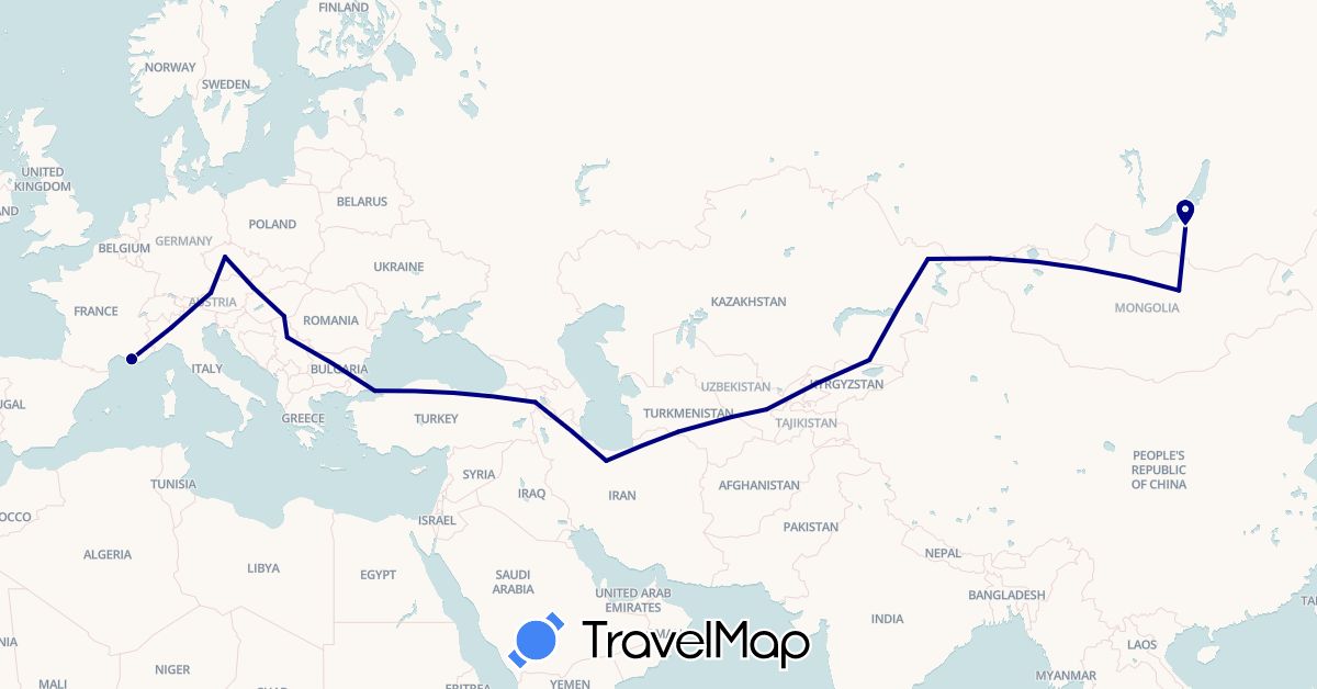 TravelMap itinerary: driving in Armenia, Austria, Czech Republic, France, Hungary, Iran, Italy, Kazakhstan, Mongolia, Serbia, Russia, Slovakia, Turkmenistan, Turkey, Uzbekistan (Asia, Europe)
